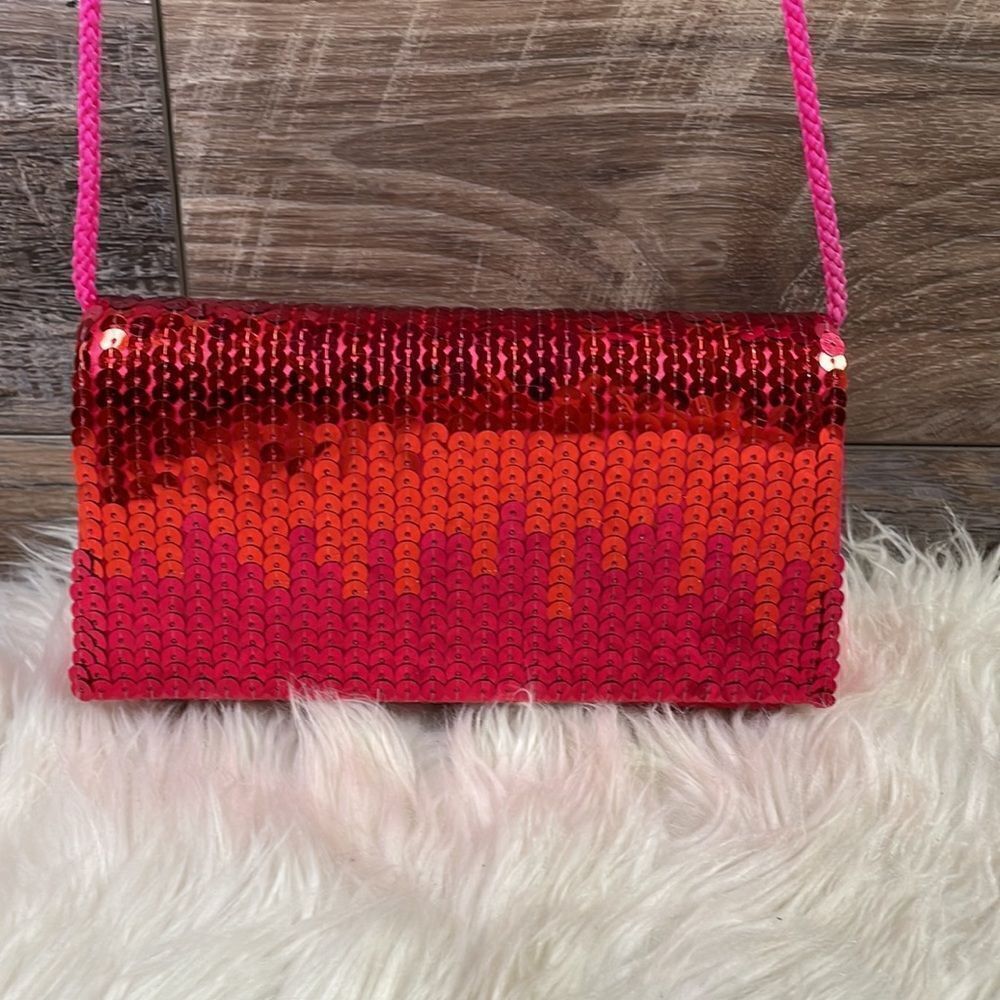 Jessica Mcclintock Satin Sequined Reddish Pink Shoulder Evening Bag Purse